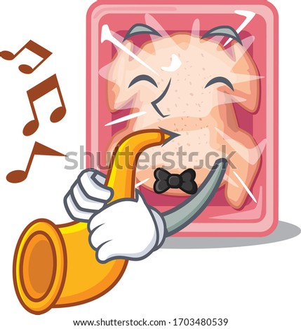 Talented musician of frozen chicken cartoon design playing a trumpet