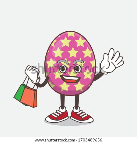 An illustration of Easter Egg cartoon mascot character waving and holding Shopping bags