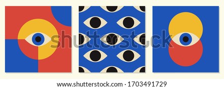 Set of minimal 20s geometric design with eyes, vector template with primitive shapes elements, modern hipster style Royalty-Free Stock Photo #1703491729