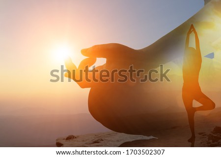 Double exposure of young women meditate while doing yoga meditation, spiritual mental health practice with silhouette of lotus pose having peaceful mind relaxation on mountain outdoor sunset golden.