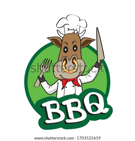Cow cartoon with beef steak, vector logo