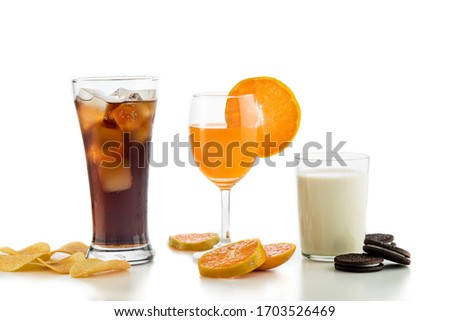 Family drink.Cola,orange juice and milk, isolated on white background