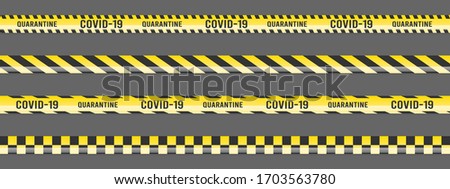 Coronavirus (2019-nCOV), realistic yellow and white security tapes, warning tape fencing flu. Global pandemic of COVID-2019