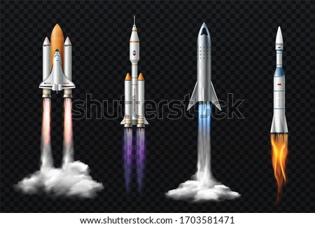 Rocket launch realistic set with isolated images of space mission rockets with smoke on transparent background vector illustration Royalty-Free Stock Photo #1703581471