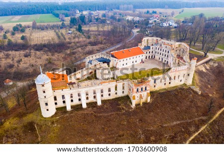 Aerial view of ruined castle complex in Janowiec, Poland