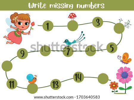 Mathematics educational game for kids. Complete the row, write missing numbers. Help the fairy find road to flowers. Math activity for preschool kids. Vector illustration.

