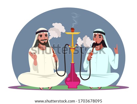 Vector character arab men smoke hookah pipe, exhale thick white smoke and sitting on floor. Friends relax and spend time together in hookah bar. Concept of lounge club and traditional oriental leisure