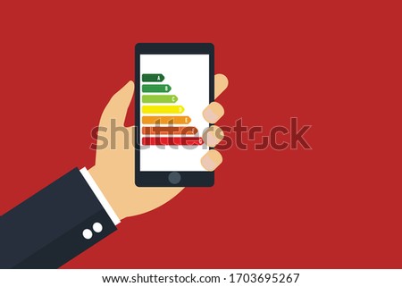 energy label concept - business hand holding mobile.Conceptual vector illustration in flat style design.Isolated on background.