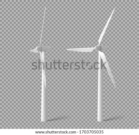 Wind turbines, windmills energy power generators front and side view. White towers with long vanes for producing alternative eco energy isolated on transparent background. Realistic 3d vector mock up Royalty-Free Stock Photo #1703705035