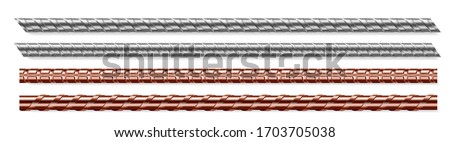 Metal rods, steel and copper bars set isolated on white background. Reinforced iron rebars for building construction engineering works, metallic rigid fittings, armature realistic 3d vector mock up