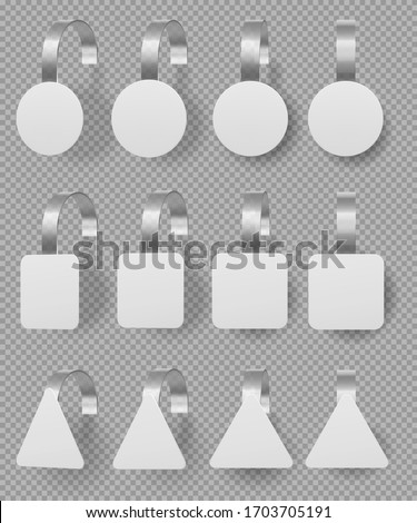 Wobblers mockup set. Blank price tags hang on wall. Round, square and square white paper stickers on plastic transparent strip mock up. Isolated clear pricing labels, Realistic 3d vector clip art