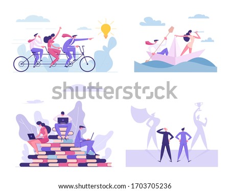 Set of Business People Teamwork and Cooperation. Characters Riding Tandem Bicycle, Floating on Paper Ship, Work on Laptop at Huge Pile of Books, Imagine Super Hero. Cartoon People Vector Illustration