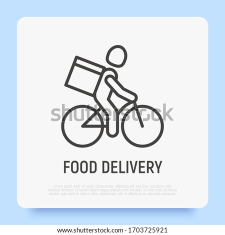 Food delivery thin line icon: man on bicycle with parcel box on the back. Safety delivery during coronavirus quarantine. Vector illustration.