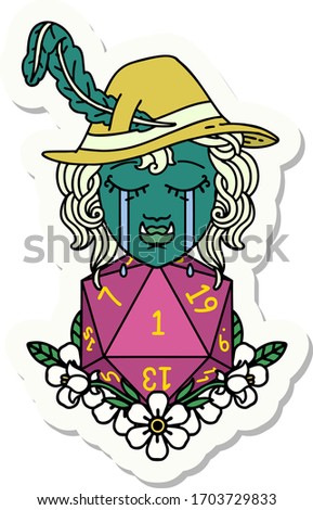 sticker of a sad half orc bard character with natural one d20 roll