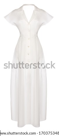 Luxury fashionable female long white summer transparent dress robe with sleeves, front view, clipping, ghost mannequin, isolated on white background