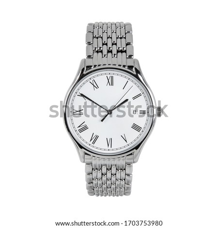 Luxury classic watch with a white dial and Roman numerals and a calendar and steel strap, front view isolated on white background Royalty-Free Stock Photo #1703753980