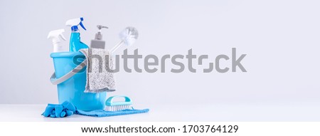 Cleaning product tool equipments, concept of housekeeping, professional clean service, housework kit supplies, copy space, close up. Royalty-Free Stock Photo #1703764129
