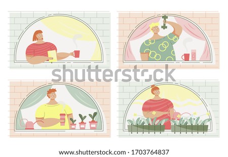 set of illustrations on the topic: homework. Man and girl near a window. Self isolation on a balcony. Stay home lifestyle. Quarantine pandemic coronavirus. Flat vector illustration