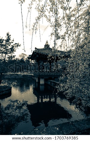 Japanese shrine with blooming flower. Black and white picture of a temple during spring - France, Nantes