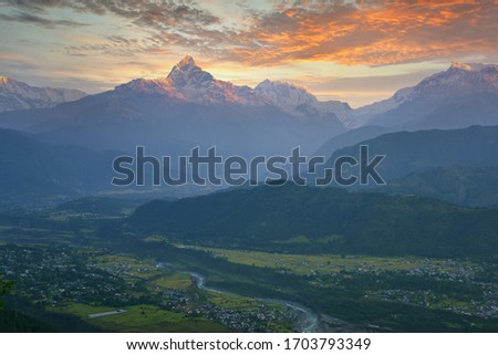 Scenic viewpoint of Machapuchare mountain from upper viewpoint 4200 m. in Mardi Himal treking route in Annapurna Himalayas area near Pokhara ,Nepal