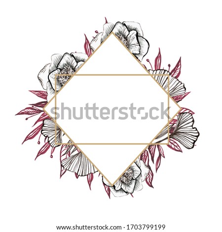 Watercolor floral illustration - leaves and branches frame with geometric shape, for wedding stationary, greetings, wallpaper, fashion, background.