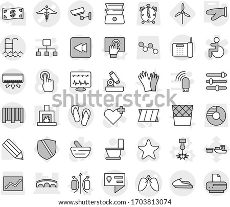 Editable thin line isolated vector icon set - lungs vector, ambulance sign, bridge, location details, bar code, pool, surveillance, jet ski, flip flops, magnetic field, laser, touchscreen, windmill