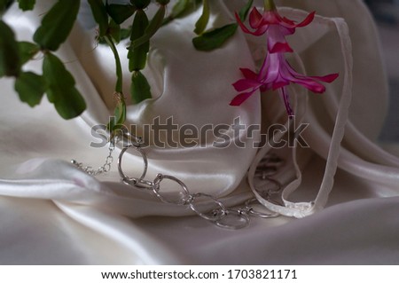 composition of a necklace and plants on satin fabric