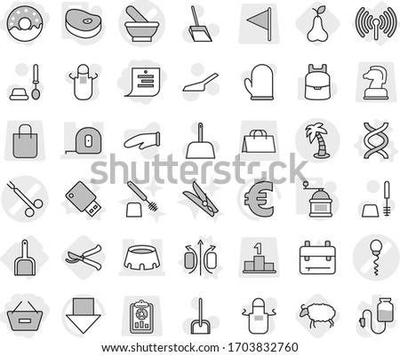 Editable thin line isolated vector icon set - remove from basket, shopping list, donut, mortar vector, sperm, surgical clamp, measuring tape, stadium, palm, wireless, scoop, magnetic field, dna, bag