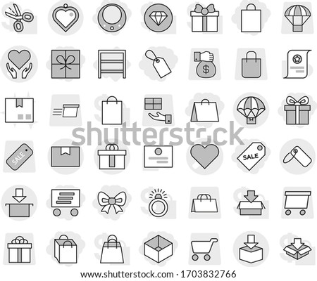 Editable thin line isolated vector icon set - gift, bow, shopping bag, box, label, sale, delivery, necklace, heart vector, health care, package, hi quality, parachute, pendant, rack, certificate