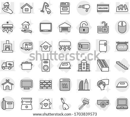 Editable thin line isolated vector icon set - project, building, brick wall, real estate, phone, trailer, bungalow, unlocked, garage, surveillance camera, speaker, iron, air conditioning, pan, sink