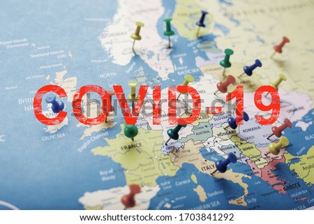 Map of Europe with colored buttons indicating cities and coordinates of the spread of the covid-19 coronavirus pandemic infection.