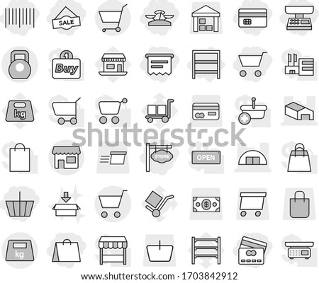 Editable thin line isolated vector icon set - cart, basket, credit card, market scales, shopping bag, sale, bar code, atm receipt, store signboard, warehouse, hangare, heavy, shop, rack, package