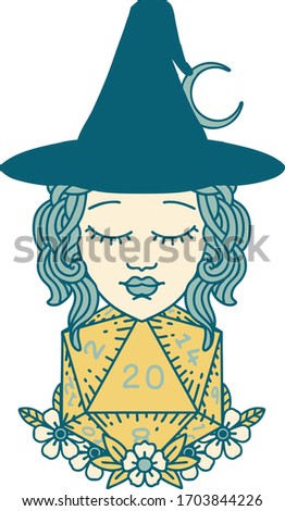 Retro Tattoo Style human witch with natural twenty dice roll