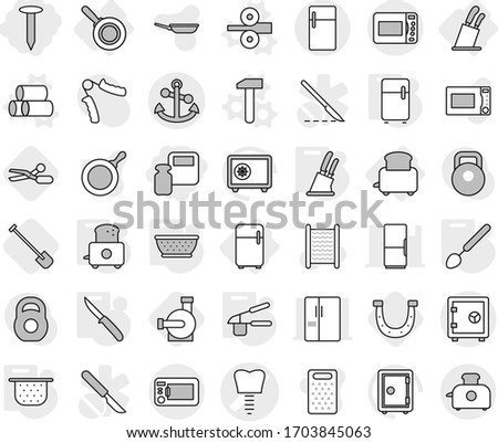 Editable thin line isolated vector icon set - scales weight, nail, tooth implant vector, anchor, safe, fridge, toaster, stands for knives, pan, pipes, metal rolling, hammer, colander, garlic clasp