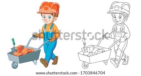 Cute young builder. Coloring page and colorful clipart character. Cartoon design for t shirt print, icon, logo, label, patch or sticker. Vector illustration.