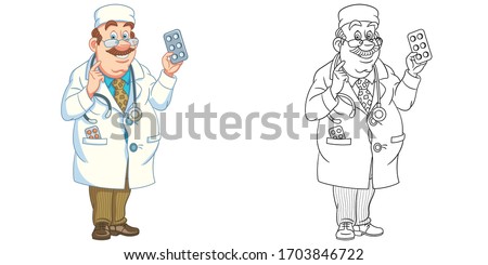 Cute doctor offering pills. Coloring page and colorful clipart character. Cartoon design for t shirt print, icon, logo, label, patch or sticker. Vector illustration.