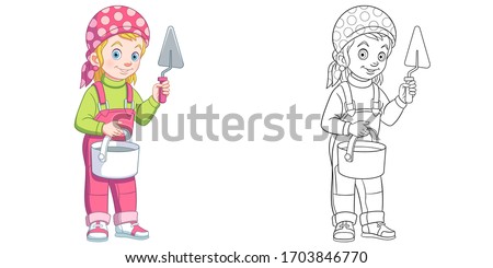 Cute young builder girl. Coloring page and colorful clipart character. Cartoon design for t shirt print, icon, logo, label, patch or sticker. Vector illustration.