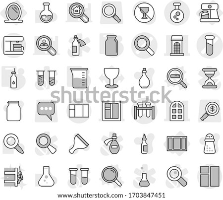 Editable thin line isolated vector icon set - magnifier vector, test vial, building, window, arch, chemical, mirror, coffee maker, data search, vegetable oil, measuring cup, bank, scraper, hand mill