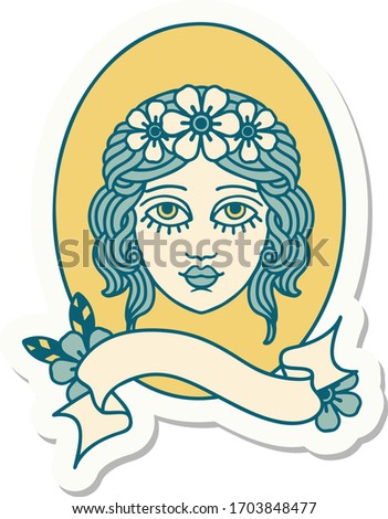 tattoo style sticker with banner of a maiden with flowers in her hair