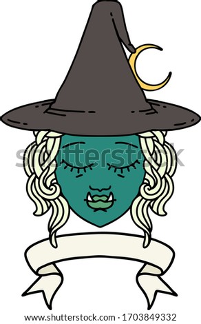 Retro Tattoo Style half orc witch character face with banner