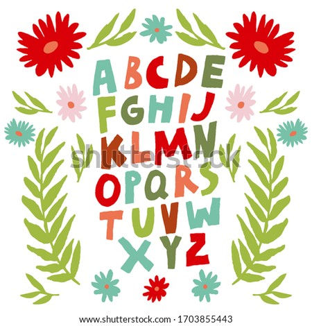 Cute colorful alphabet. Multi colored letters isolated on white background. Leaves and flowers. Symmetry drawing. Fun design for poster, card. Vector illustration.
