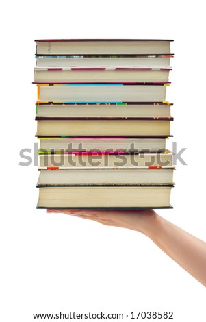 Stack of books in hand isolated on white background