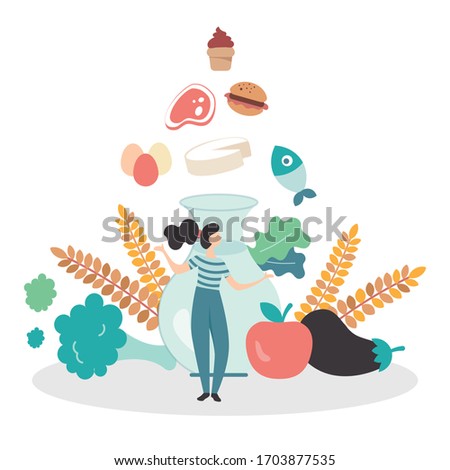 Vectorial illustration of a balanced nutrition, represented with the food pyramid of mediterranean diet. A girl stands between healthy foods, vegetables, water and cereals, choosing what to eat Royalty-Free Stock Photo #1703877535