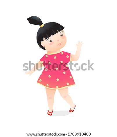 Cute joyful kindergarten preschooler girl gesture hello. Multiracial asian kid girl wearing cute red dress. Cute little baby girl hand drawn cartoon.