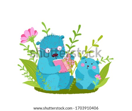 Cute bear family reading book studying and teaching in nature. Cute animal parent bear and puppy cub reading a book in the forest. Funny hand drawn cartoon.