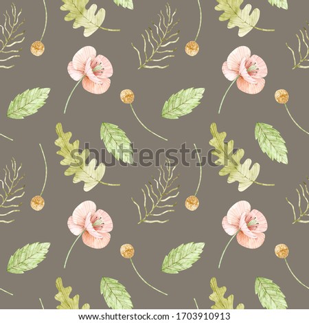 Seamless watercolor pattern of wild flowers. Flower background of poppies and leaves.