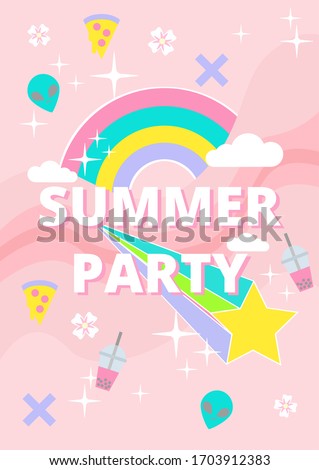 Retro 90s pastel goth sticker icon summer party poster decorate with alien pizza rainbow and star on pastel pink background