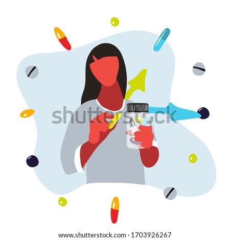 Vector cartoon illustration of a girl taking pills. Medication concept art. Antidepressants, painkillers prescription. Vitamins and food supplements, daily routine, lifestyle.