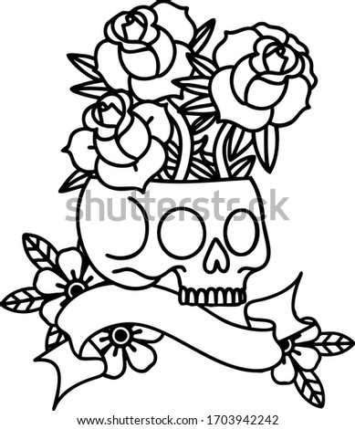 traditional black linework tattoo with banner of a skull and roses