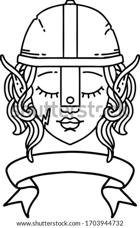 Black and White Tattoo linework Style elf fighter character face with banner